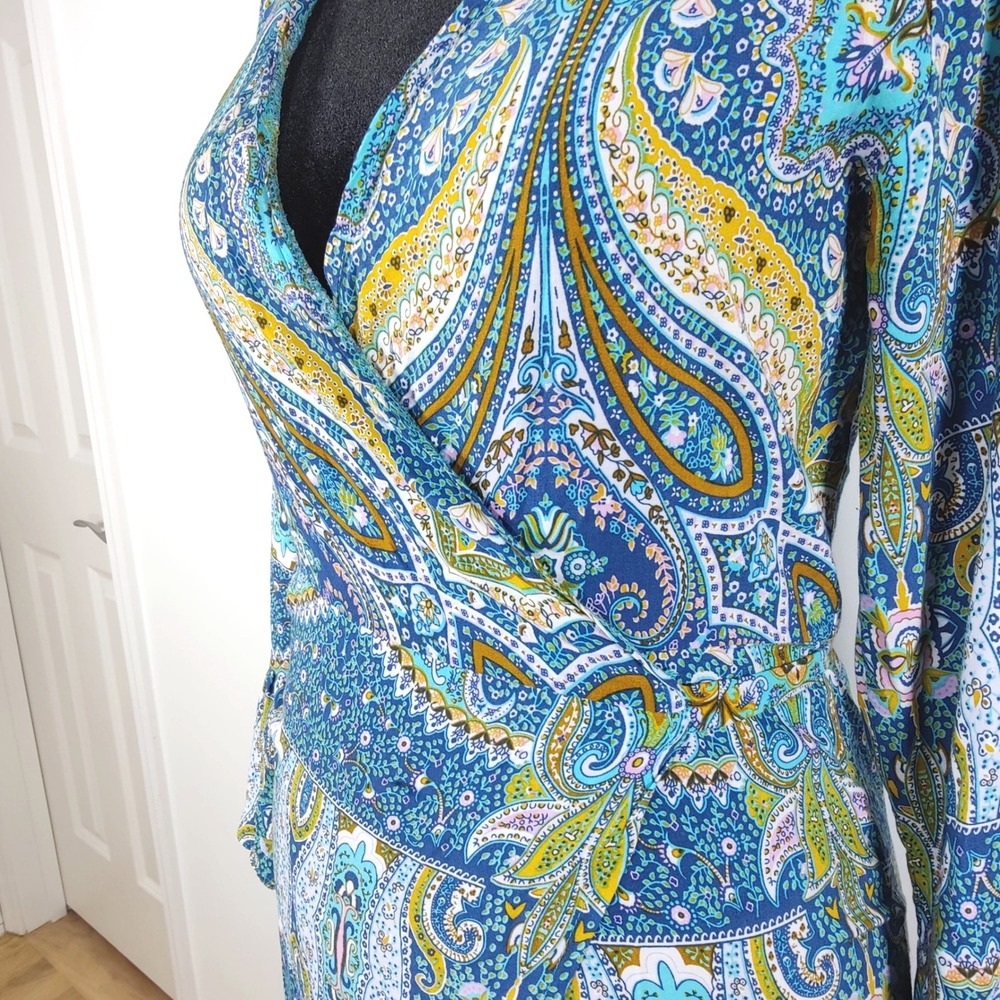 R. Vivimos Paisley Wrap Maxi Dress Blue Boho Resort Bell Sleeve M US 8/10 - Picture 5 of 7